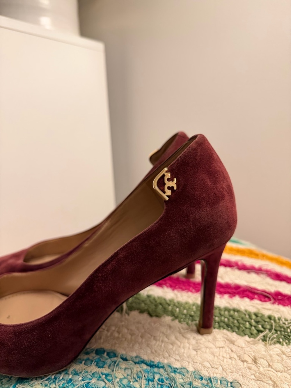 Tory Burch Burgundy Suede Stiletto Pumps with Gold Logo